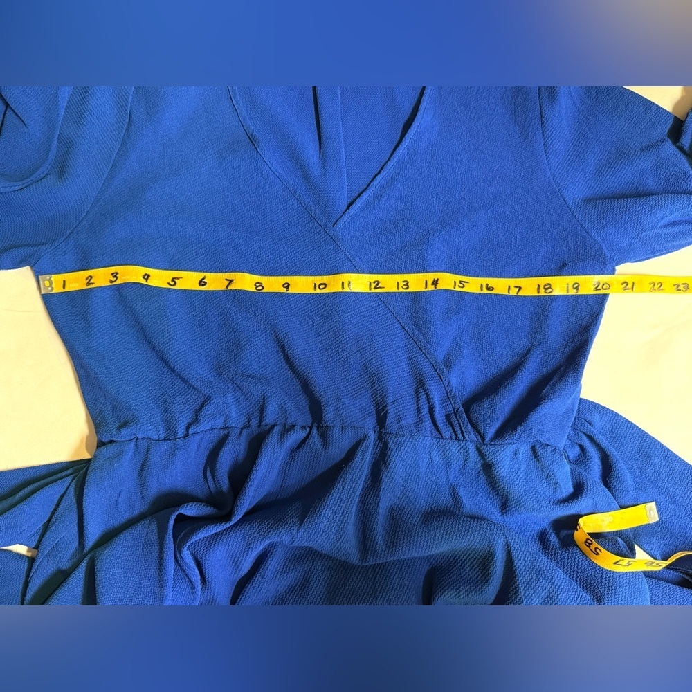 MEGHAN L.A. Royal blue long sleeve faux wrap FABULOUS LILYPAD midi dress size L. - Picture 14 of 16